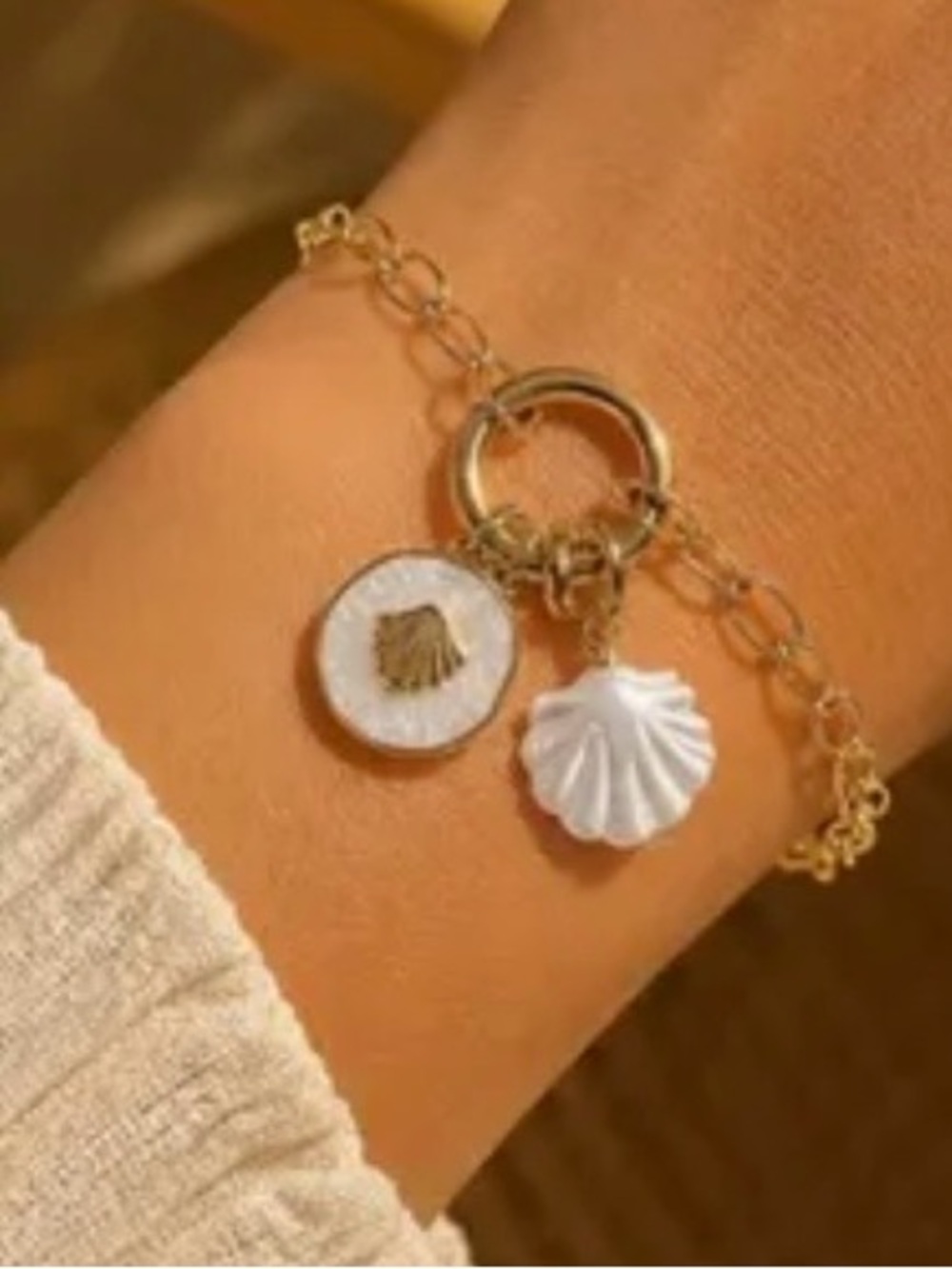Gold Shell Charm Bracelet with White Shell Accents